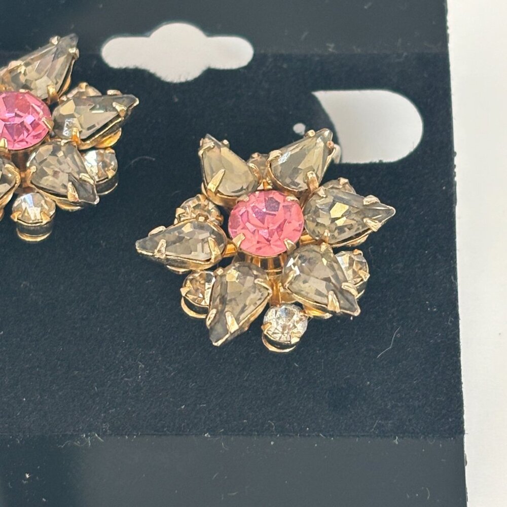 Hattie Carnegie Clip-On Earrings Pink Smoky Grey Rhinestones Jewelry Vintage - Picture 4 of 10